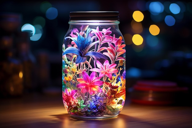 Piękne kolorowe kwiaty lilii na słoiku z oświetleniem neonowym jako dekoracja pokoju