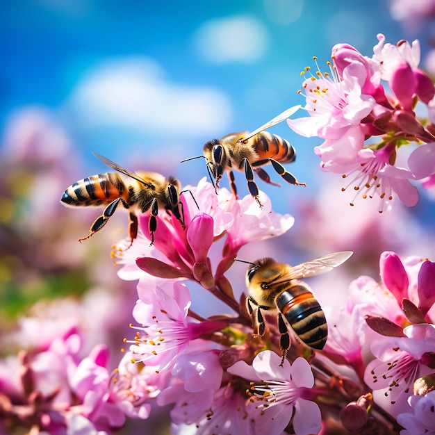 Piękne kolorowe letnie wiosenne naturalne tło kwiatowe Pszczoły pracujące w jasny, słoneczny dzień