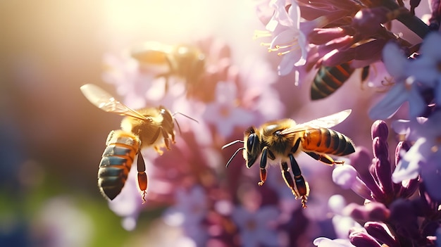 Piękne kolorowe letnie wiosenne naturalne tło kwiatowe Pszczoły pracujące w jasny, słoneczny dzień