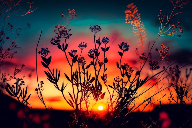 Piękne kolorowe tło dzikich roślin o zachodzie słońca