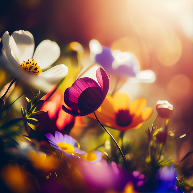 Piękne kolorowe wiosenne kwiaty i pole trawy w słoneczny dzień generatywny ai