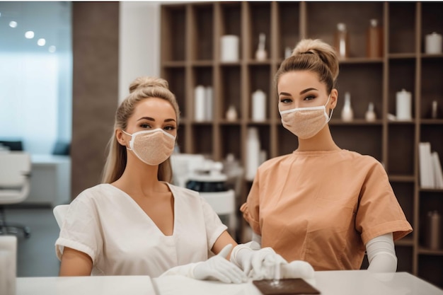 Piękne kosmetyki w maskach medycznych i rękawiczkach pracujące w klinice