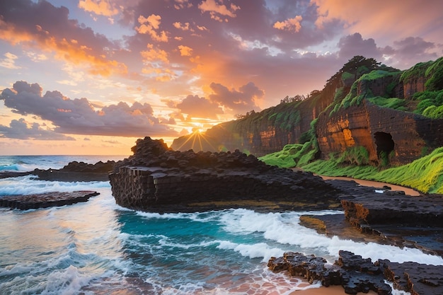 Piękne krajobrazy formacji skalnych nad morzem w Queens Bath Kauai na Hawajach o zachodzie słońca