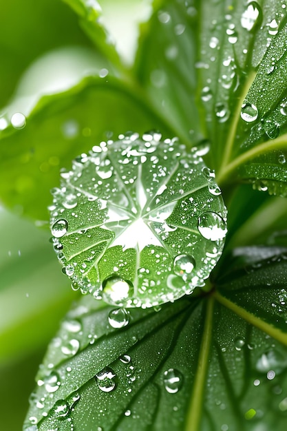 Zdjęcie piękne krople wody po deszczu na zielonym liście w makro światła słonecznego wiele kropli porannej rosy