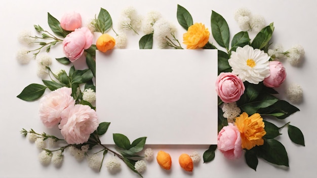 Zdjęcie piękne kwiaty i pusta karta leżąca na białym tle widok górny przestrzeń do tekstu