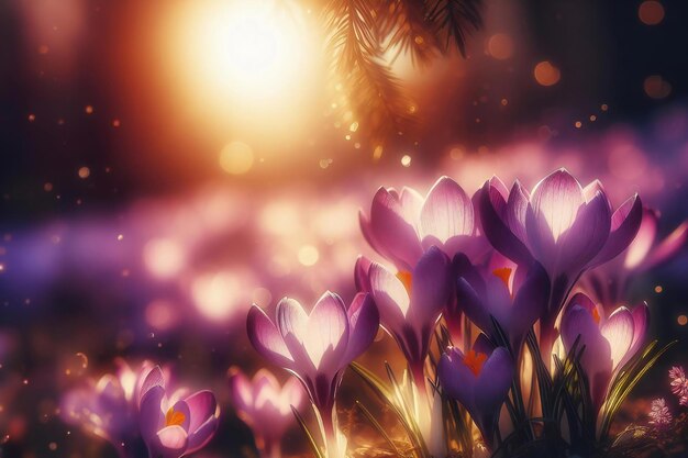 Zdjęcie piękne kwiaty kroku na łące przy zachodzie słońca wczesna wiosna niewyraźne tło
