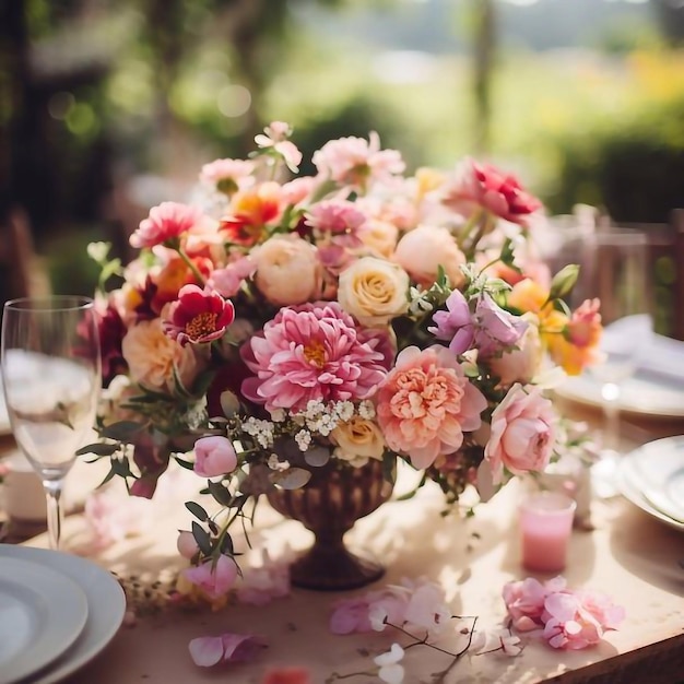 Piękne kwiaty na stole w dzień ślubu