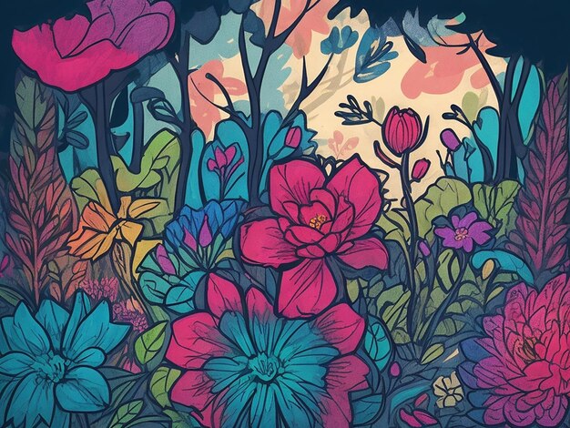 Piękne kwiaty w lesie ilustracja kreskówkowa