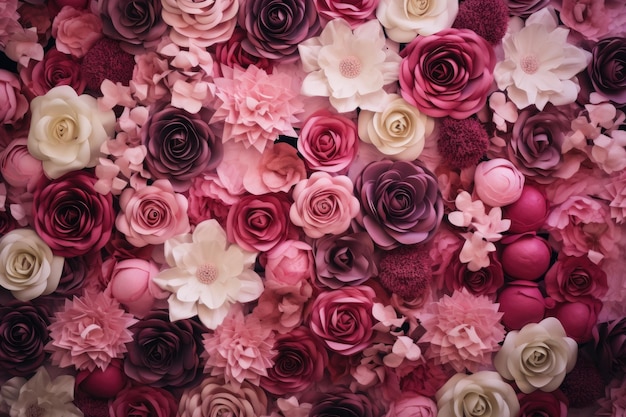 Piękne kwiaty w tle na walentynki i scenę weselną Ściana ze sztucznych kwiatów na tle w stylu vintage Wygenerowano sztuczną inteligencję