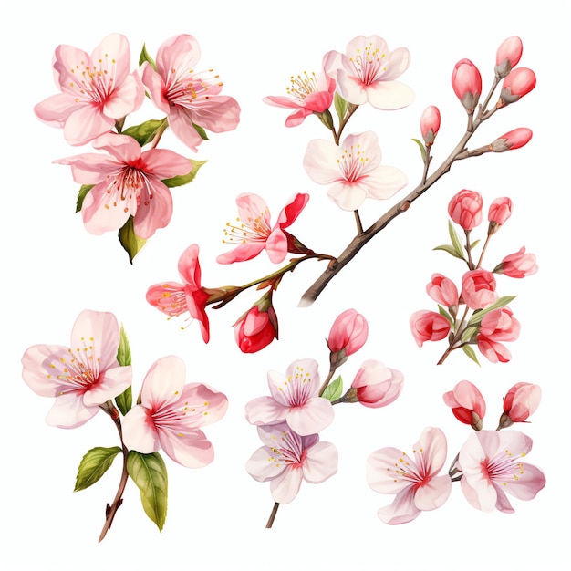 Piękne kwiaty wiśni akwarelowych ilustracja klipartowa