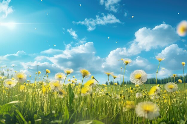 Piękne łąki z świeżą trawą i żółtymi kwiatami owieczki
