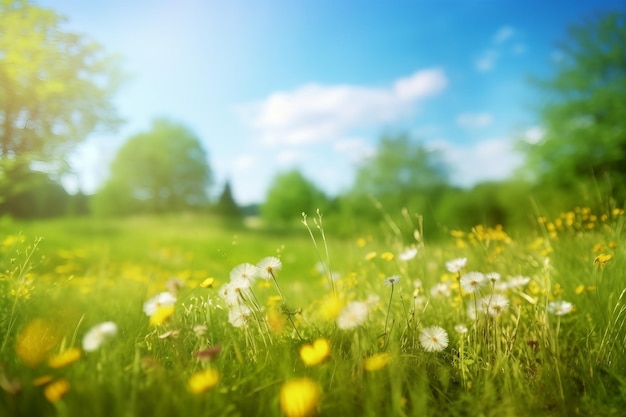 Piękne łąki z świeżą trawą i żółtymi kwiatami pączka w przyrodzie na tle rozmytego niebieskiego nieba z chmurami Letnia wiosna doskonały krajobraz naturalny