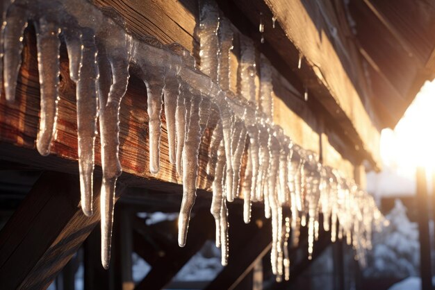 Piękne lody na dachu z blaskiem słońca w mroźny zimowy dzień