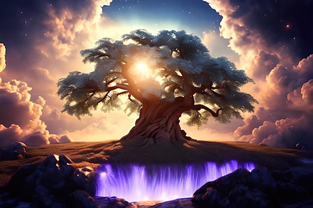 piękne magiczne drzewo z magicznymi chmurami i światłem
