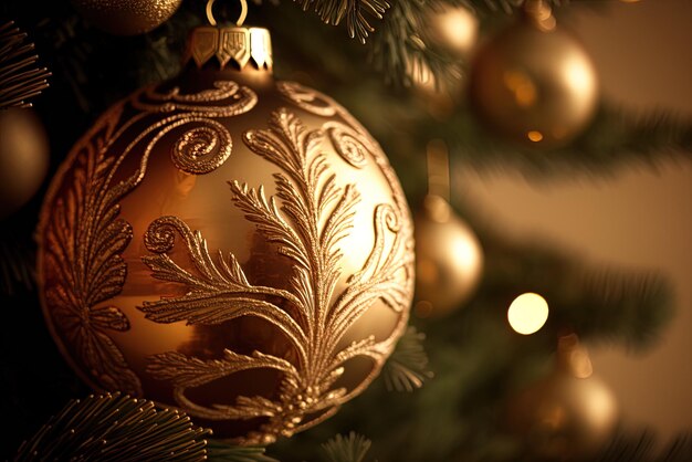 Piękne makro przedstawiające złotą kulę bożonarodzeniową i inne ozdoby na oświetlonym drzewie