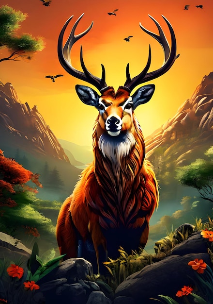 Piękne malowane zdjęcie jelenia z atrakcyjnym tłem