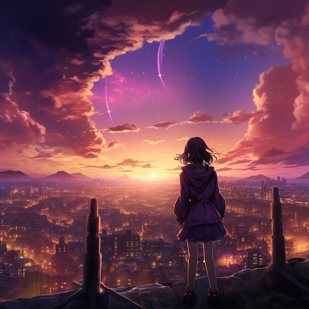 Piękne miasto anime z zachodem słońca