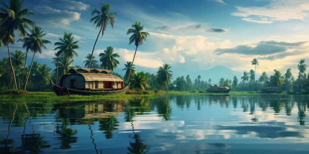 Piękne miejsce turystyczne Kerala Boat House w spokojnym jeziorze