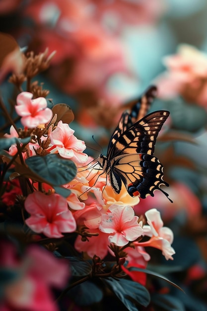 Piękne motyle na delikatnych różowych kwiatach selektywne skupienie Generatywna sztuczna inteligencja