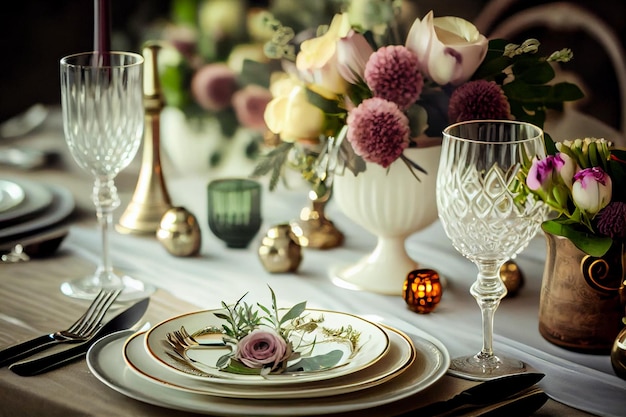Piękne nakrycie stołu z naczyniami i kwiatami