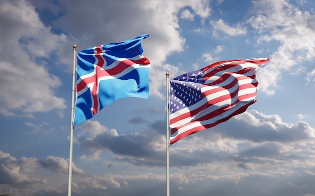 Piękne narodowe flagi państwowe Islandii i USA razem