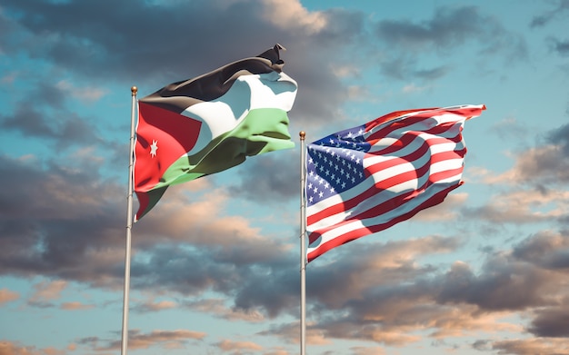 Piękne narodowe flagi państwowe Jordanii i USA razem