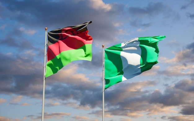Piękne narodowe flagi państwowe Malawi i Nigerii razem na błękitnym niebie