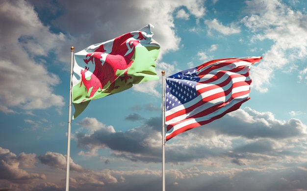 Piękne narodowe flagi państwowe Walii i USA razem