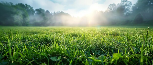 Piękne naturalne otoczenie na letnią wiosnę składające się z drzew, niebieskiego nieba, chmur i całkowicie przyciętej trawy łąkowej z mgłą i przestrzenią Generatywna sztuczna inteligencja