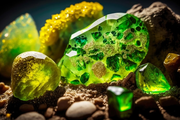 Piękne naturalne zielone szkło z minerałami i kamieniami w fotografii makro