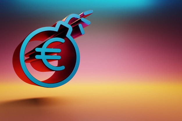 Piękne niebieskie ikony symbolu bomby euro na wielokolorowym jasnym tle ilustracja renderingu 3D
