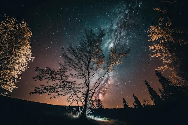 Piękne nocne niebo Droga Mleczna i drzewa