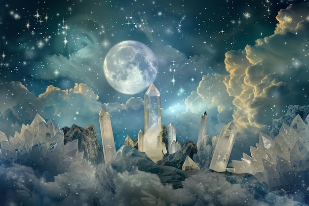Piękne nocne niebo z dużym księżycem i gromadą kryształów