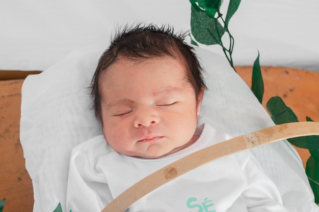 Piękne noworodek w wieku 4 dni śpi w koszyku z włókna bambusowego i otoczony zielonymi liśćmi