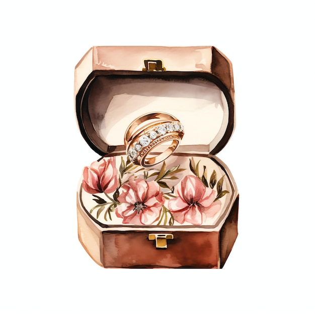 Zdjęcie piękne obrączki ślubne w pudełku na pierścionek w ilustracji clipart w stylu boho