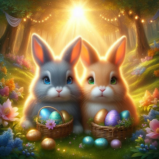 Piękne obrazy wielkanocne z tła dwóch królików siedzących w magicznym lesie Wielkanocne króliki