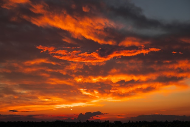 Piękne ogniste, pomarańczowe i czerwone niebo o zachodzie słońca. Wieczorna magiczna scena. Kompozycja natury