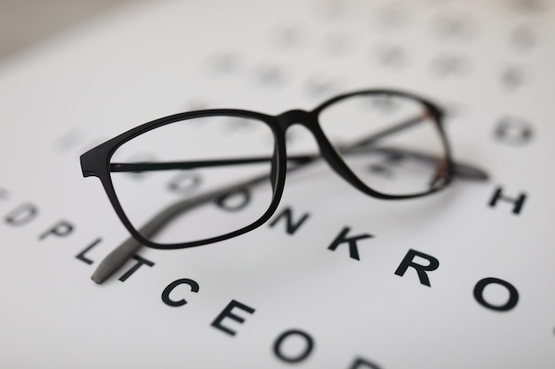 Piękne Okulary Dla Wzroku Leżą Na Alfabecie Nowoczesne Okulary W Czarnej Oprawie Na Badaniu Wzroku