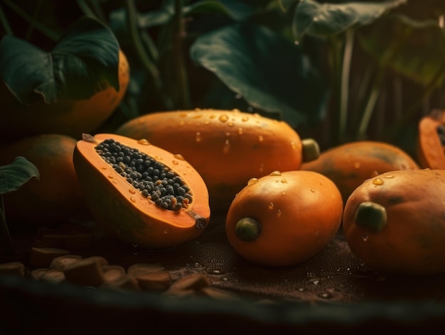 Piękne organiczne tło świeżo zebranej papai stworzone za pomocą technologii Generative AI