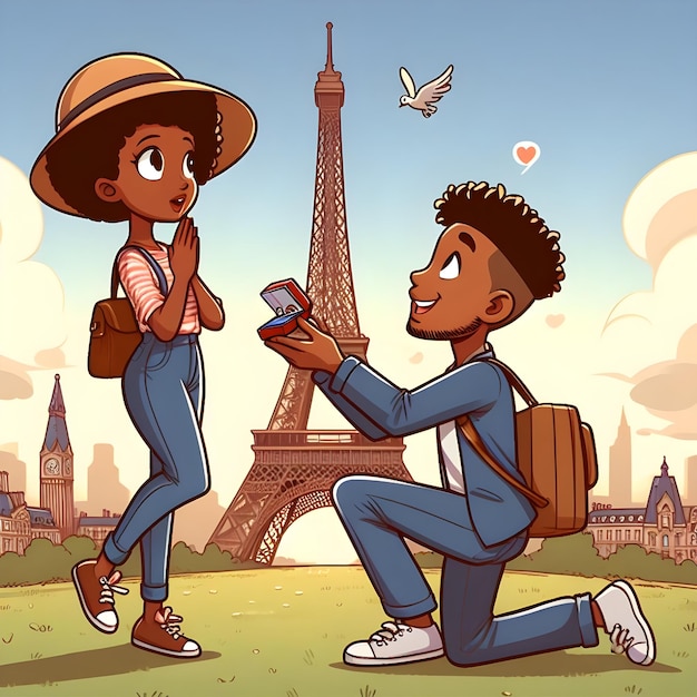 Piękne oświadczenie o ślub przy wieży Eiffla przedstawione na animowanej ilustracji