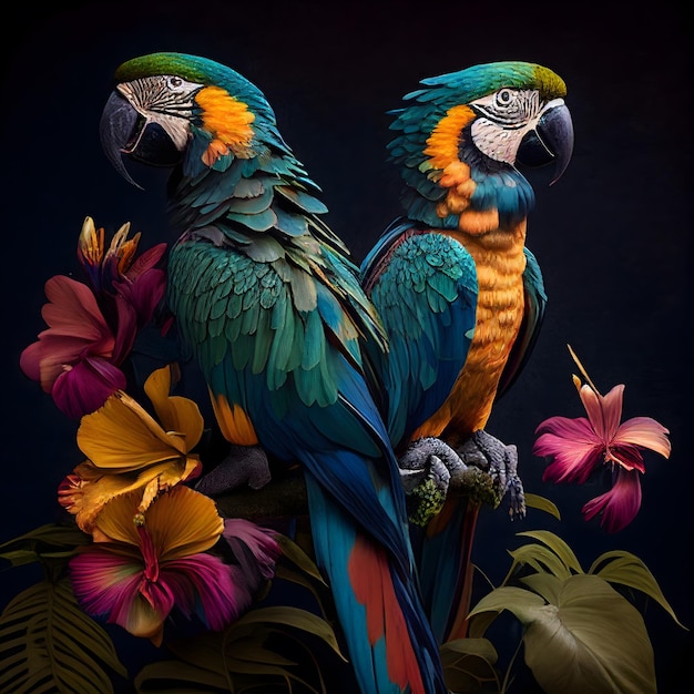 Piękne papugi Ara i tropikalne kwiaty na czarnym tle