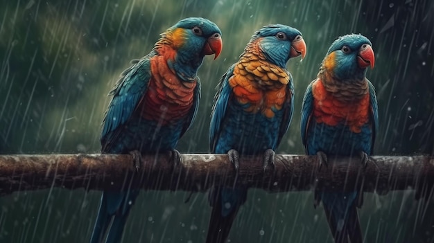 Piękne papugi Ara siedzi na gałęzi w deszczugenerative ai