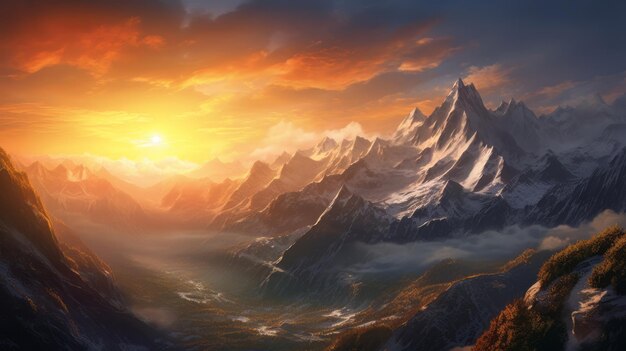 Piękne pasmo górskie o zachodzie słońca pomalowane w ciepłych tonacjach