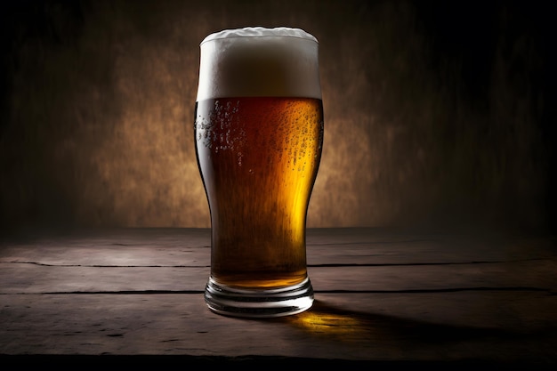 Piękne piwo z pianką w klasycznym szkle do piwa w ciemnej scenie generowanej przez sieć neuronową