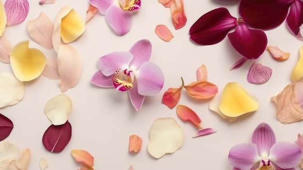 Piękne płatki orchidei na kolorowym tle Wiosna koncepcji Generative AI
