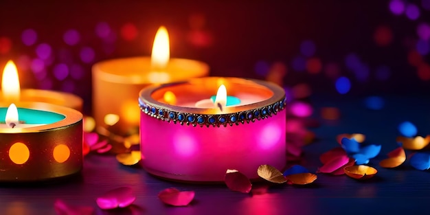 Piękne płonące świece na ciemnym drewnianym tle Koncepcja Diwali