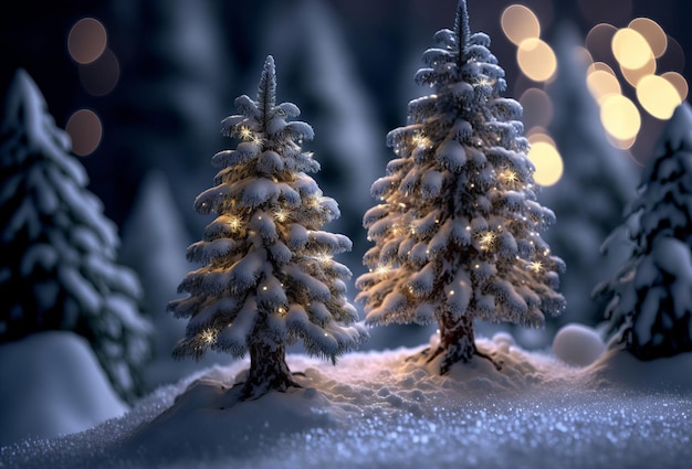 Piękne pokryte śniegiem choinki ze świecącymi świątecznymi światłami w nocy Zimowy krajobraz Generative ai
