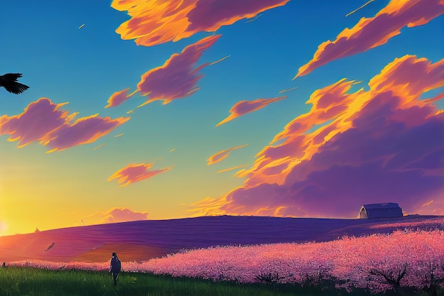 Zdjęcie piękne pola na tle wielkiego wieczornego słońca niebieskiego wieczornego nieba z różowymi chmurami ilustracja 3d