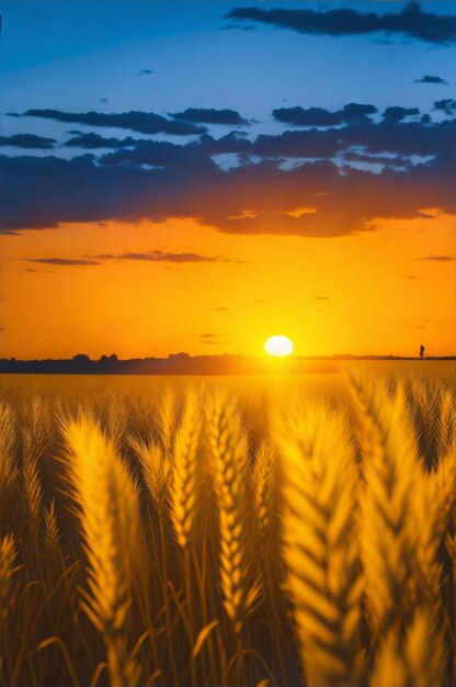 Piękne pole pszenicy o zachodzie słońca na niebieskim niebie autorstwa Generative AI