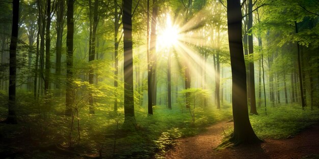Piękne promienie słońca w zielonym lesie Generatywna sztuczna inteligencja